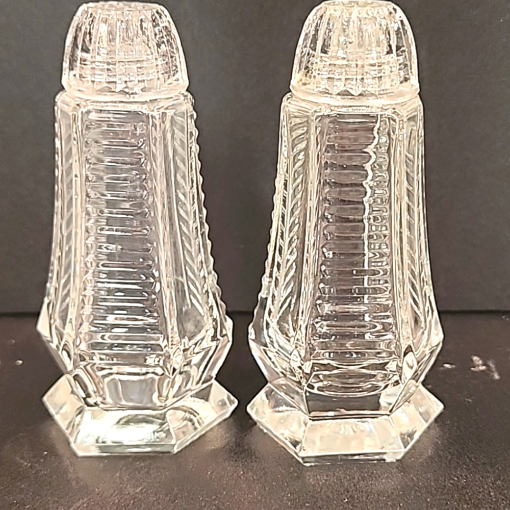 Vintage Bohemian Crystal Salt and Pepper Shakers Hexagonal Zipper Pattern